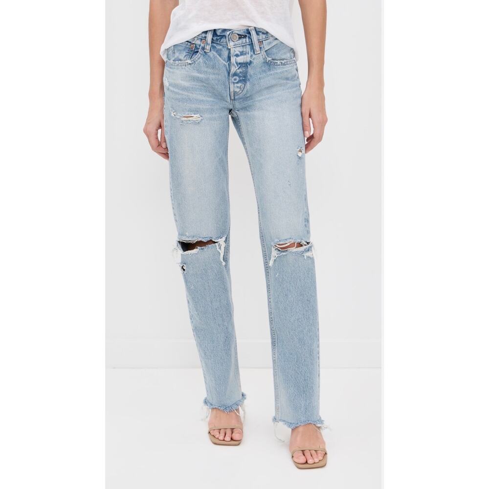 MOUSSY Vintage Distressed Straight Jeans Light Wash Size 24 Raw Hem